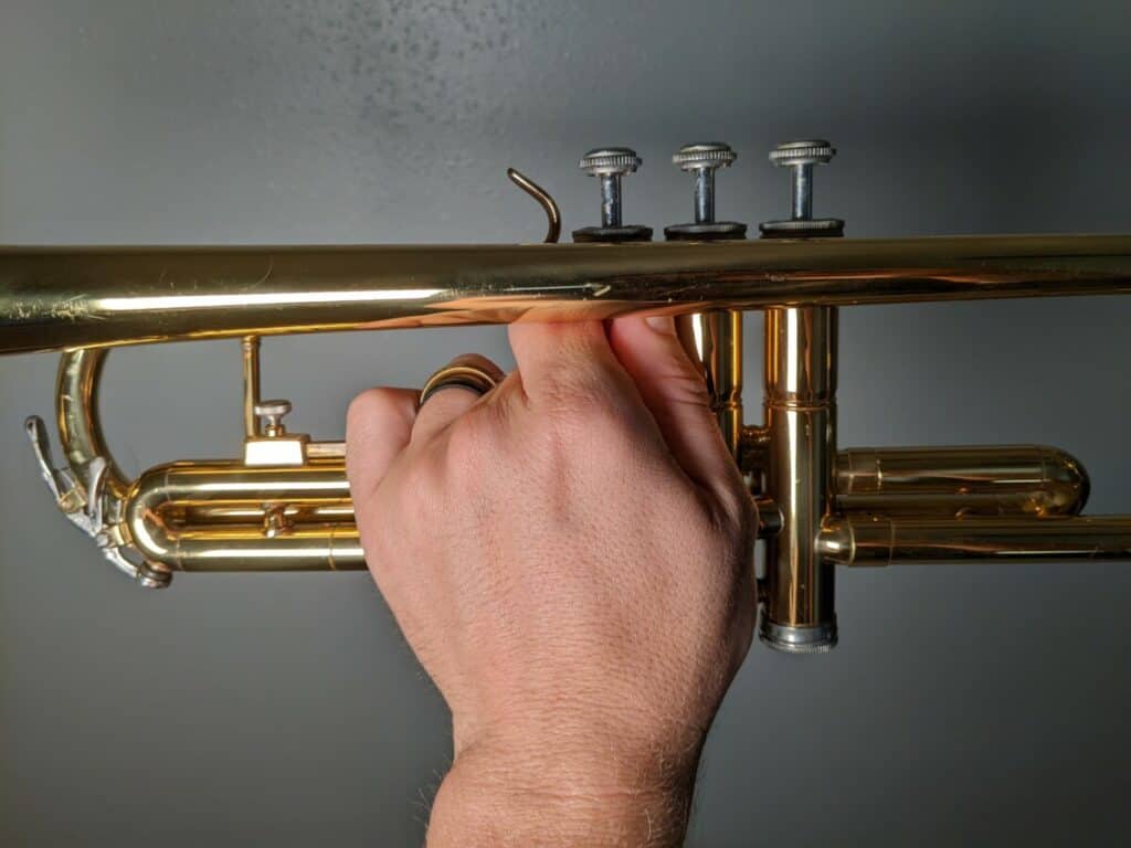 left hand with trumpet and thumb held parallel to valves