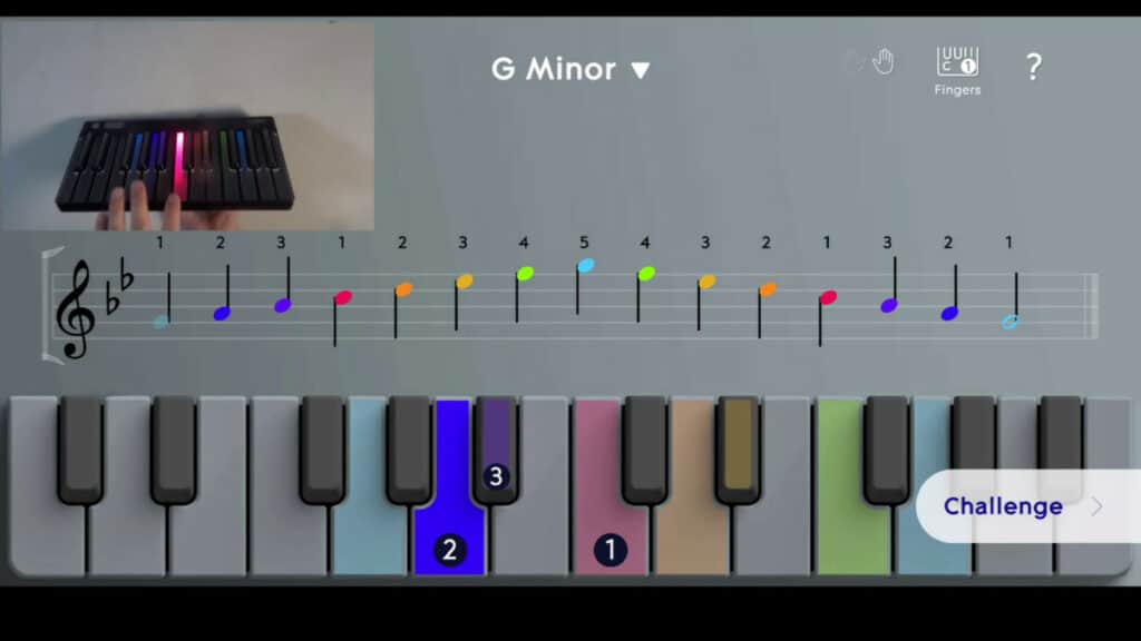 Just the notes of the G Minor scale are lit up in the Scales and Chords Module