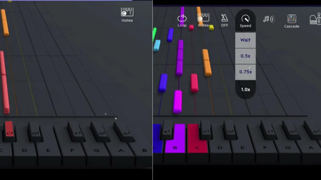 A side by side showing how the lesson module only allows you to change whether note names are shown or finger numbers, while the right side has song speed, metronome, looping, etc.  